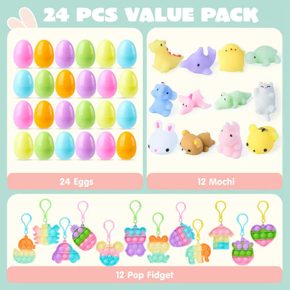 24 Prefilled Easter Eggs with Mochi and Pop Bubble Keychains for Kids Egg Hunt