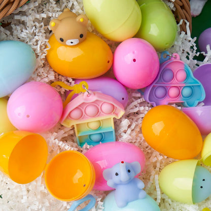 24 Prefilled Easter Eggs with Mochi and Pop Bubble Keychains for Kids Egg Hunt