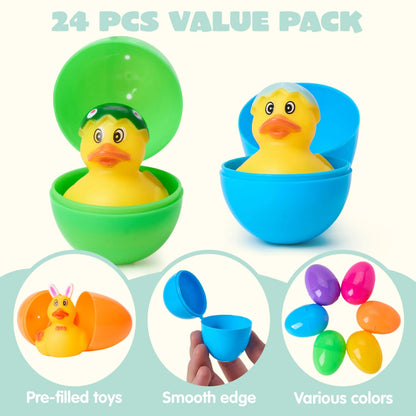 24 Prefilled Easter Eggs with Rubber Ducks - Assorted Duckies for Easter Egg Hunt