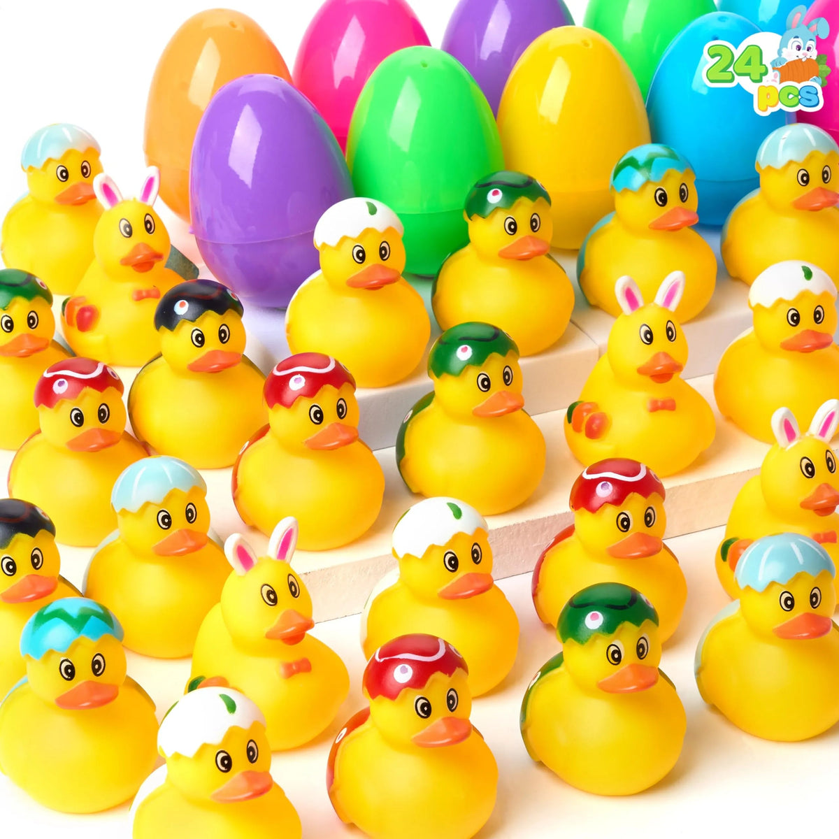 24 Prefilled Easter Eggs with Rubber Ducks - Assorted Duckies for Easter Egg Hunt
