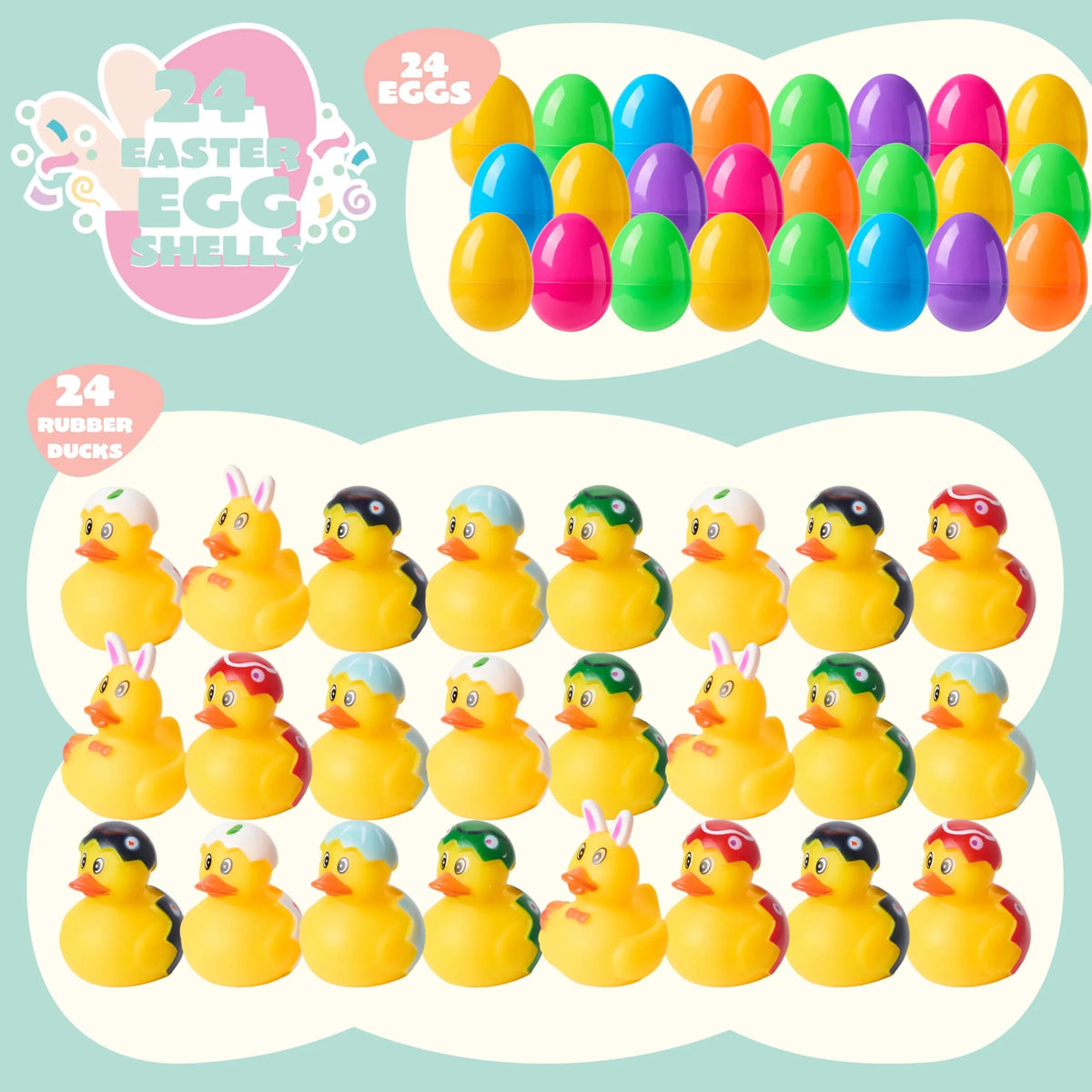 24 Prefilled Easter Eggs with Rubber Ducks - Assorted Duckies for Easter Egg Hunt