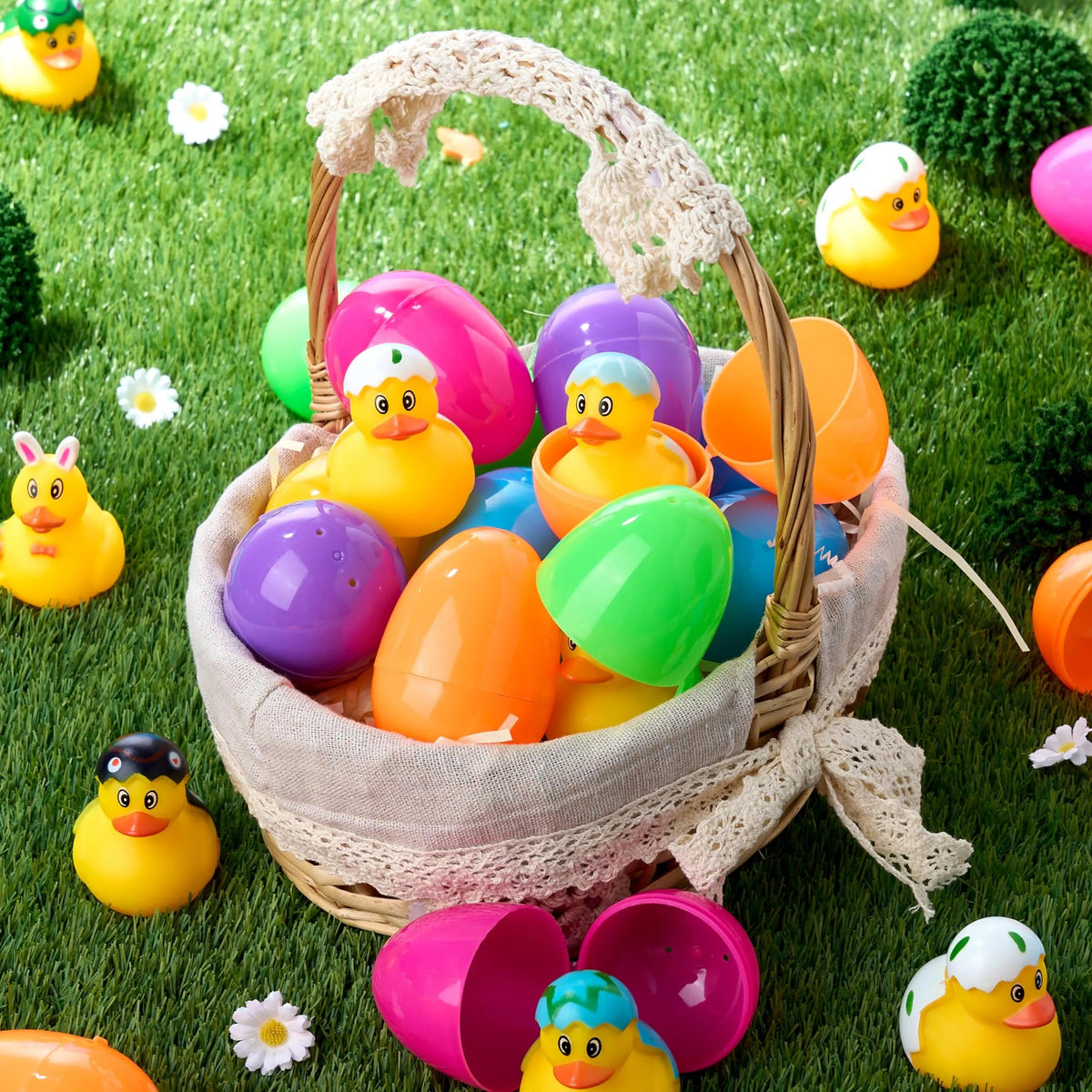 24 Prefilled Easter Eggs with Rubber Ducks - Assorted Duckies for Easter Egg Hunt
