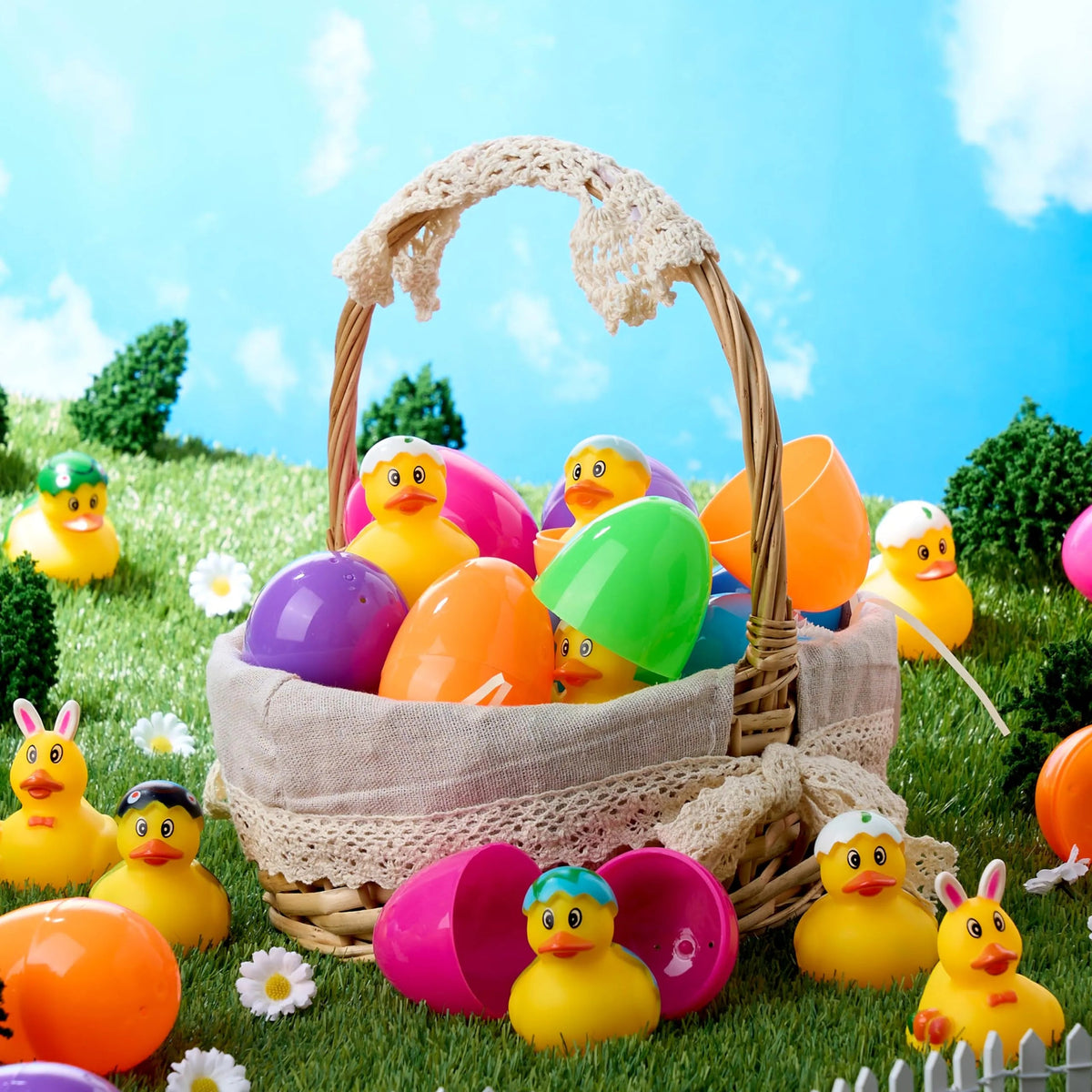 24 Prefilled Easter Eggs with Rubber Ducks - Assorted Duckies for Easter Egg Hunt