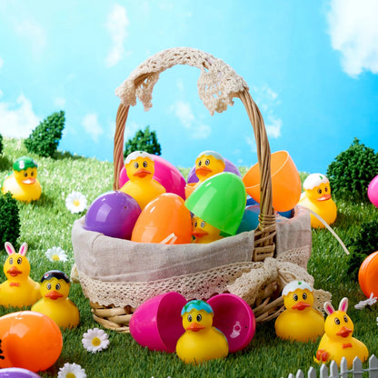 24 Prefilled Easter Eggs with Rubber Ducks - Assorted Duckies for Easter Egg Hunt