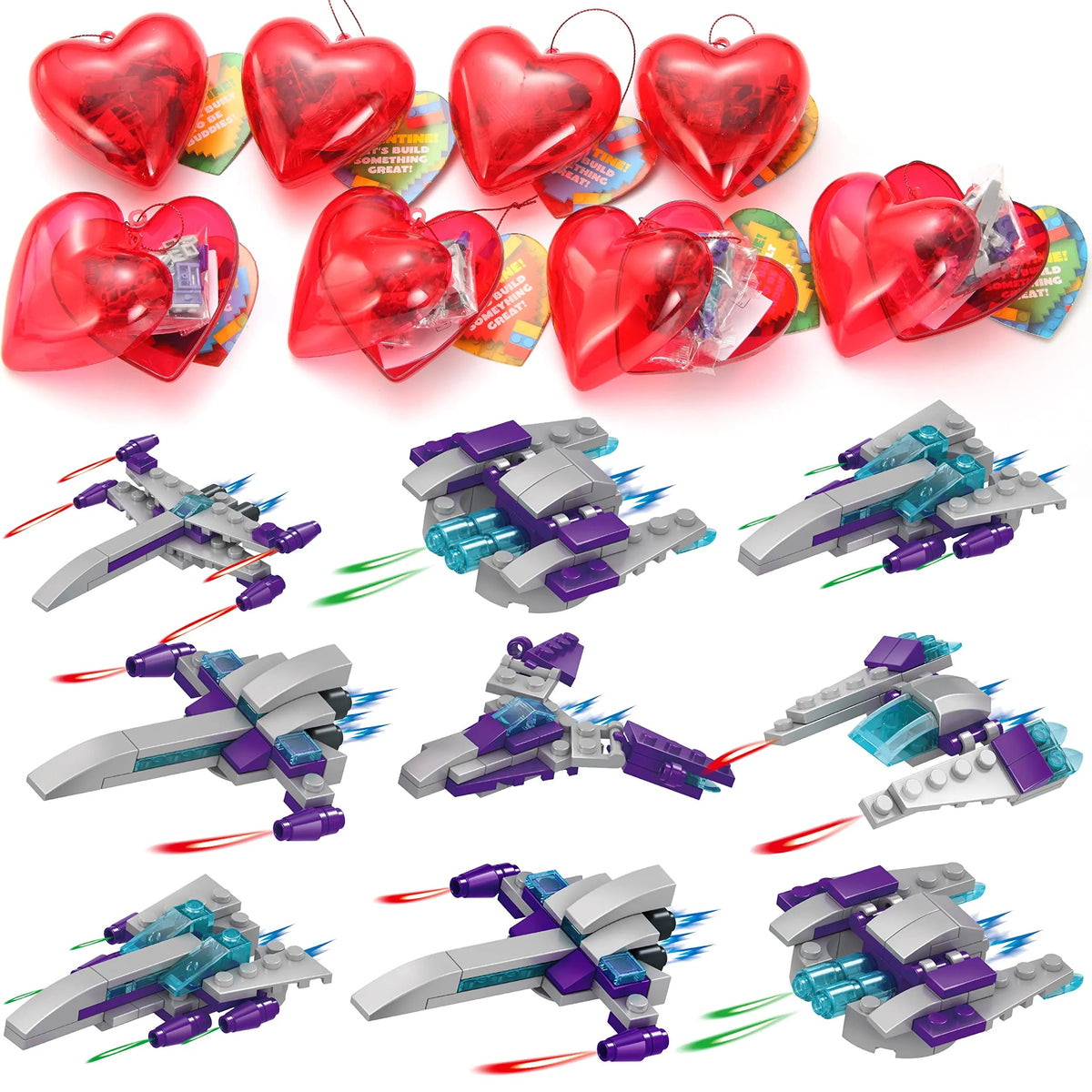 24 Prefilled Hearts with Spaceship Building Blocks and Valentine's Day Cards for Kids - Classroom Exchange Gifts