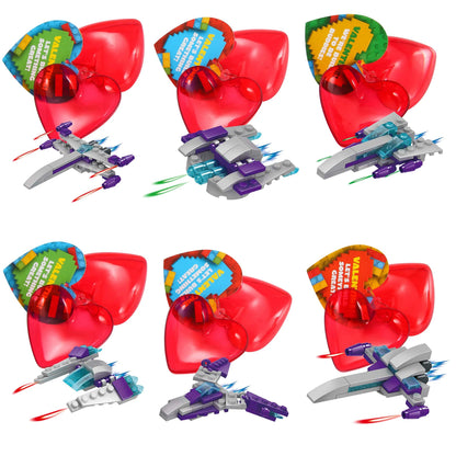 24 Prefilled Hearts with Spaceship Building Blocks and Valentine's Day Cards for Kids - Classroom Exchange Gifts