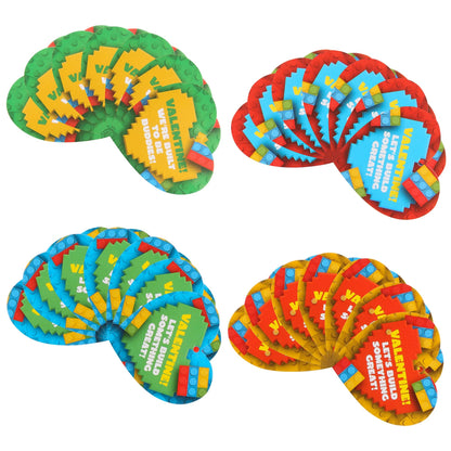 24 Prefilled Hearts with Spaceship Building Blocks and Valentine's Day Cards for Kids - Classroom Exchange Gifts