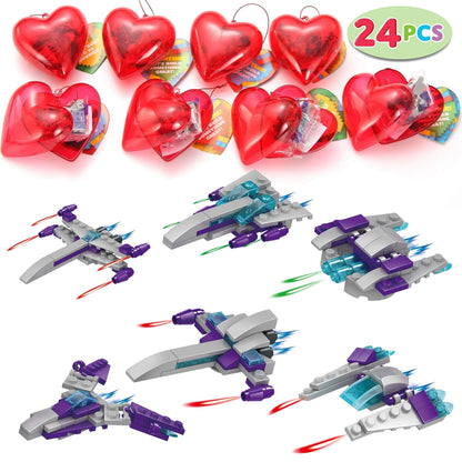 24 Prefilled Hearts with Spaceship Building Blocks and Valentine's Day Cards for Kids - Classroom Exchange Gifts