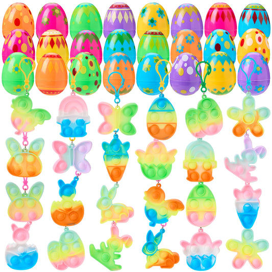 24 Prefilled Printed Easter Eggs with Pop Keychain Fidgets for Egg Hunt