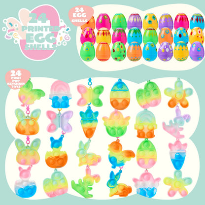 24 Prefilled Printed Easter Eggs with Pop Keychain Fidgets for Egg Hunt