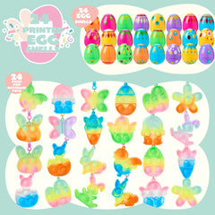 24 Prefilled Printed Easter Eggs with Pop Keychain Fidgets for Egg Hunt