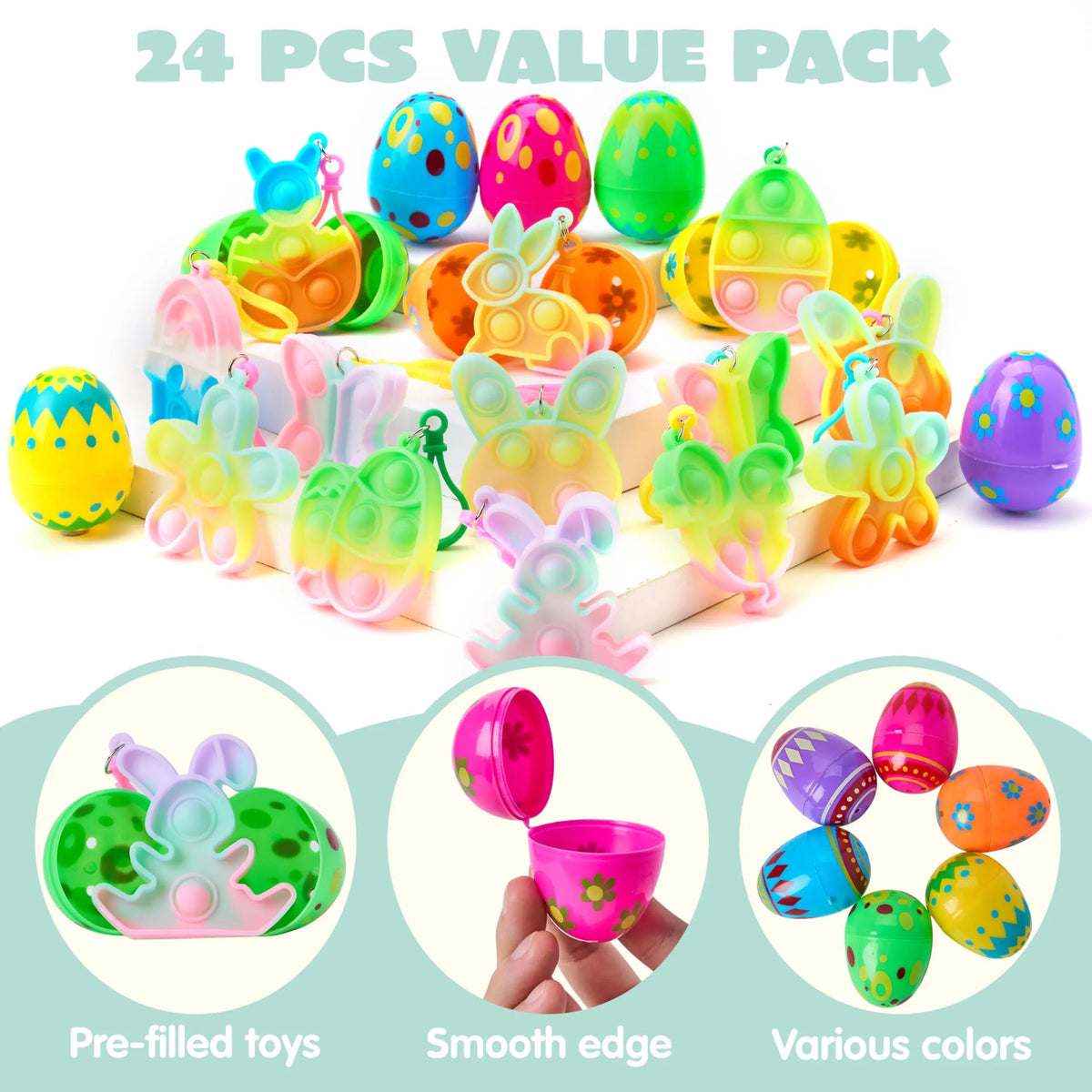 24 Prefilled Printed Easter Eggs with Pop Keychain Fidgets for Egg Hunt