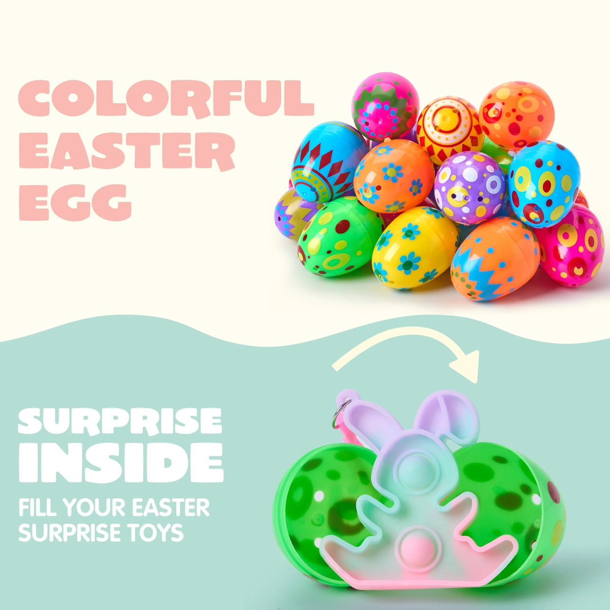 24 Prefilled Printed Easter Eggs with Pop Keychain Fidgets for Egg Hunt