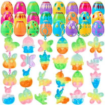 24 Prefilled Printed Easter Eggs with Pop Keychain Fidgets for Egg Hunt