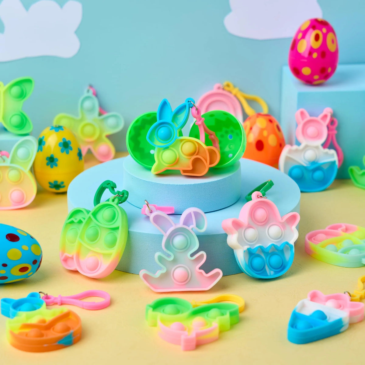 24 Prefilled Printed Easter Eggs with Pop Keychain Fidgets for Egg Hunt