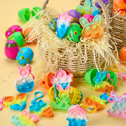 24 Prefilled Printed Easter Eggs with Pop Keychain Fidgets for Egg Hunt