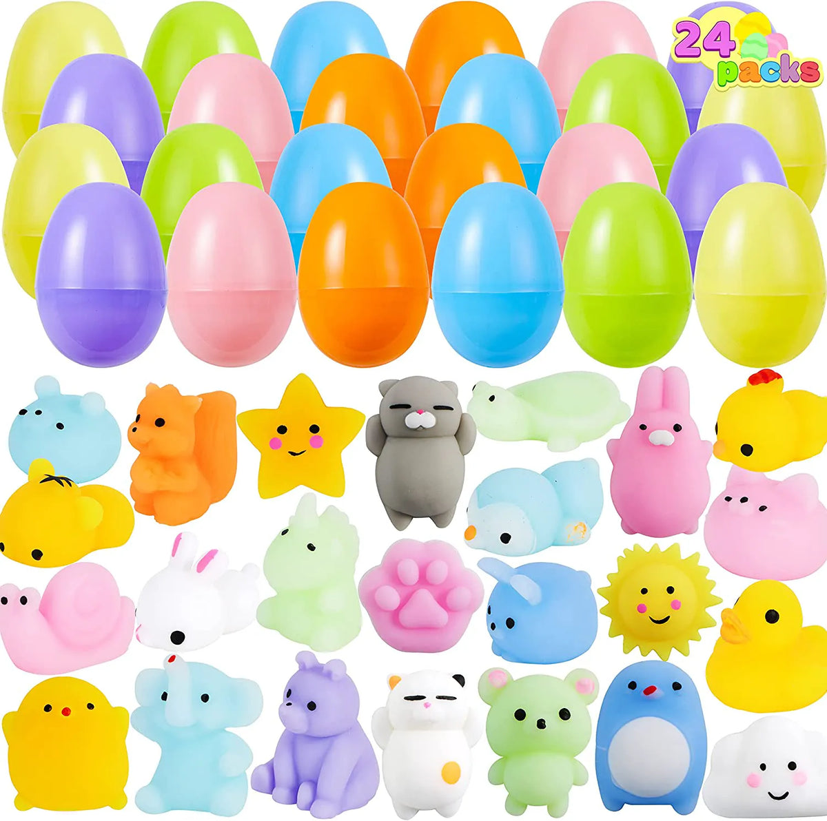 24 Pcs Easter Prefilled Eggs with Mochi Squishy Toys