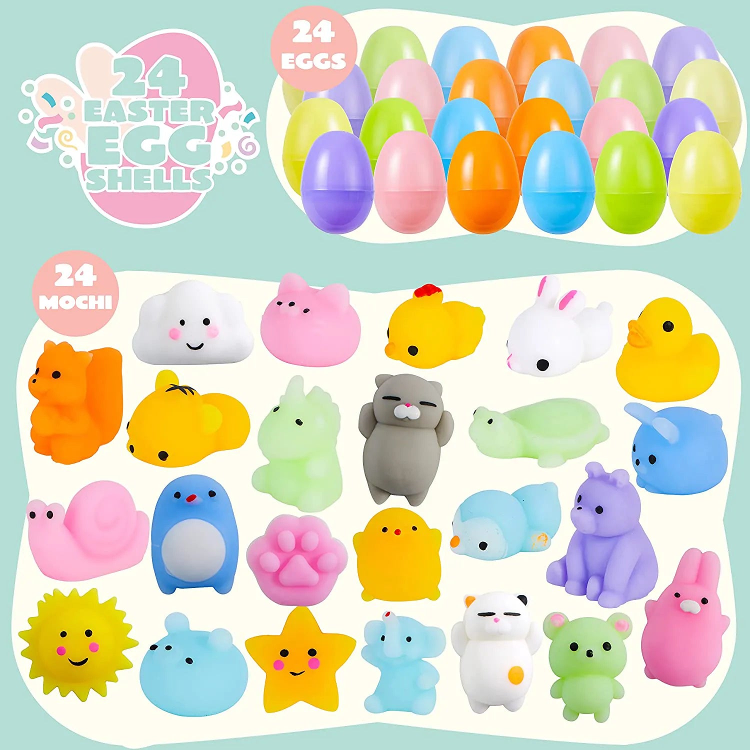 24 Pcs Easter Prefilled Eggs with Mochi Squishy Toys