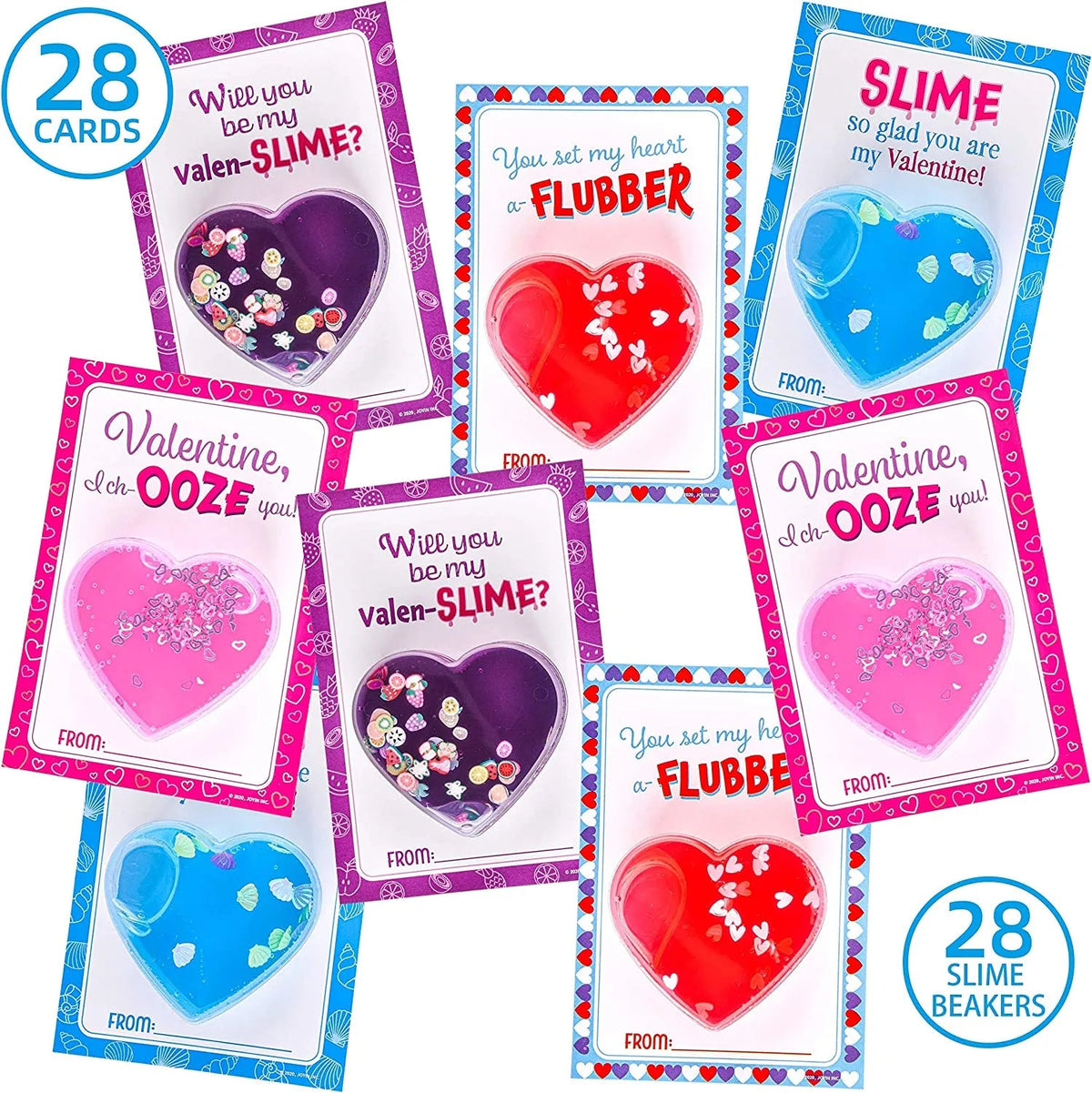 28 Heart-Shaped Slime with Valentine's Day Cards for Kids - Classroom Exchange Gifts