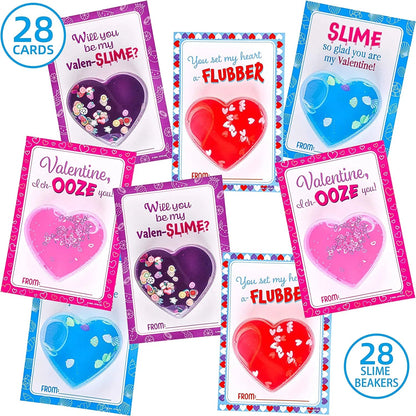 28 Heart-Shaped Slime with Valentine's Day Cards for Kids - Classroom Exchange Gifts