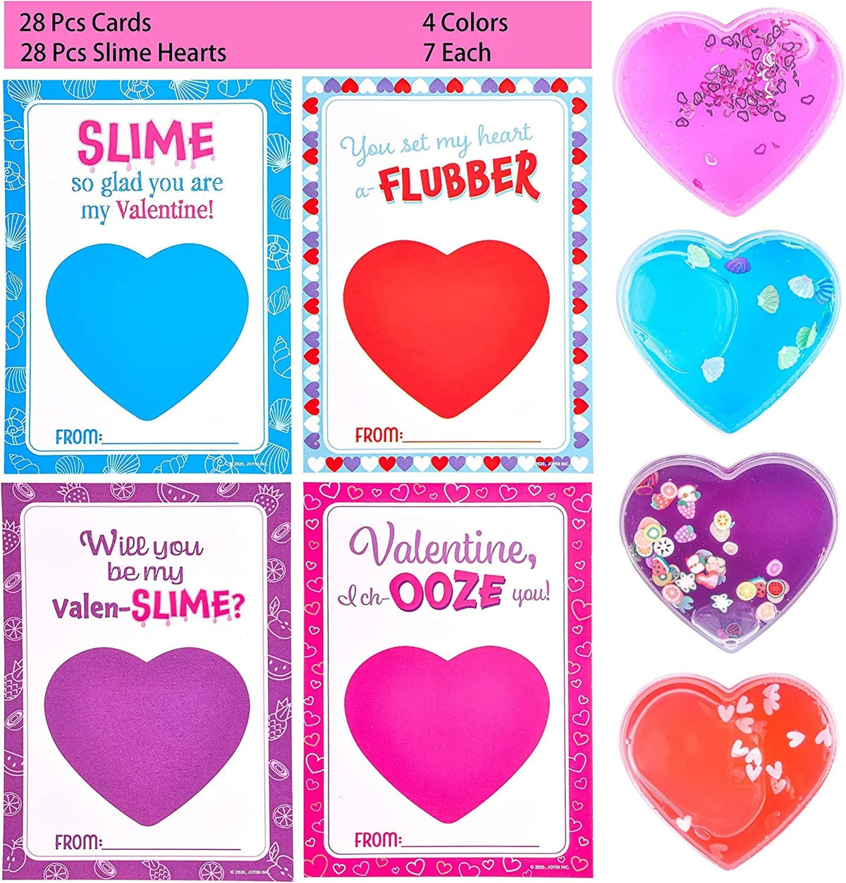 28 Heart-Shaped Slime with Valentine's Day Cards for Kids - Classroom Exchange Gifts