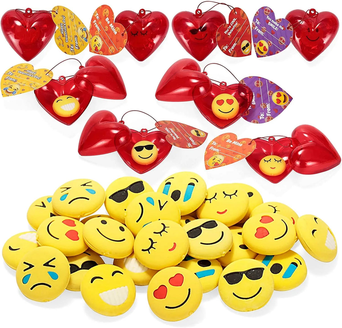 28-Piece Iconic Expression Eraser-Filled Hearts Set with Valentine's Day Cards for Kids - Classroom Exchange Gifts