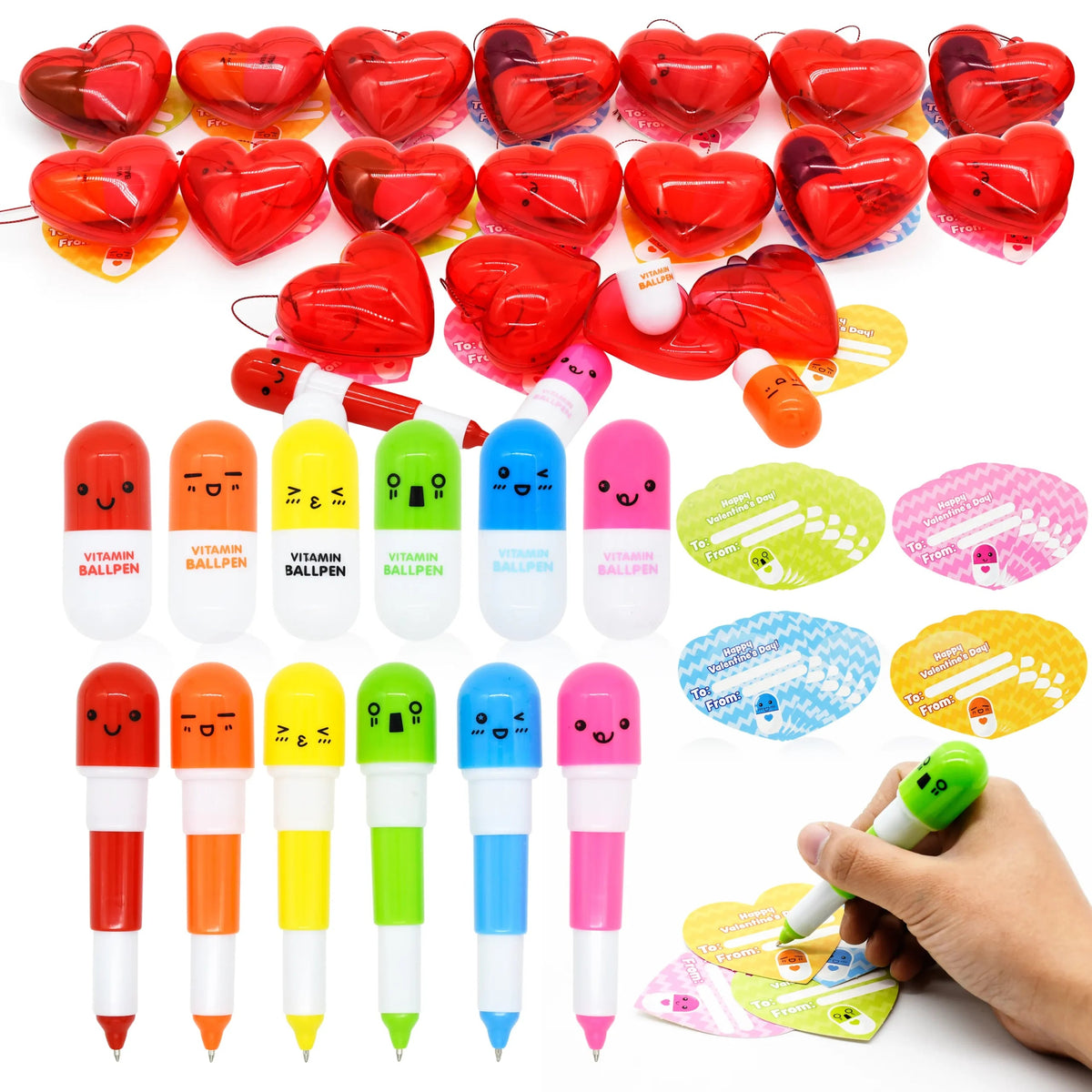 28-Piece Pill-Shaped Pen Set with Valentine's Day Cards for Kids' Classroom Exchange
