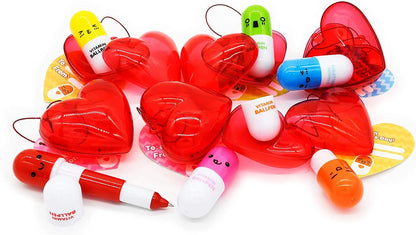 28-Piece Pill-Shaped Pen Set with Valentine's Day Cards for Kids' Classroom Exchange