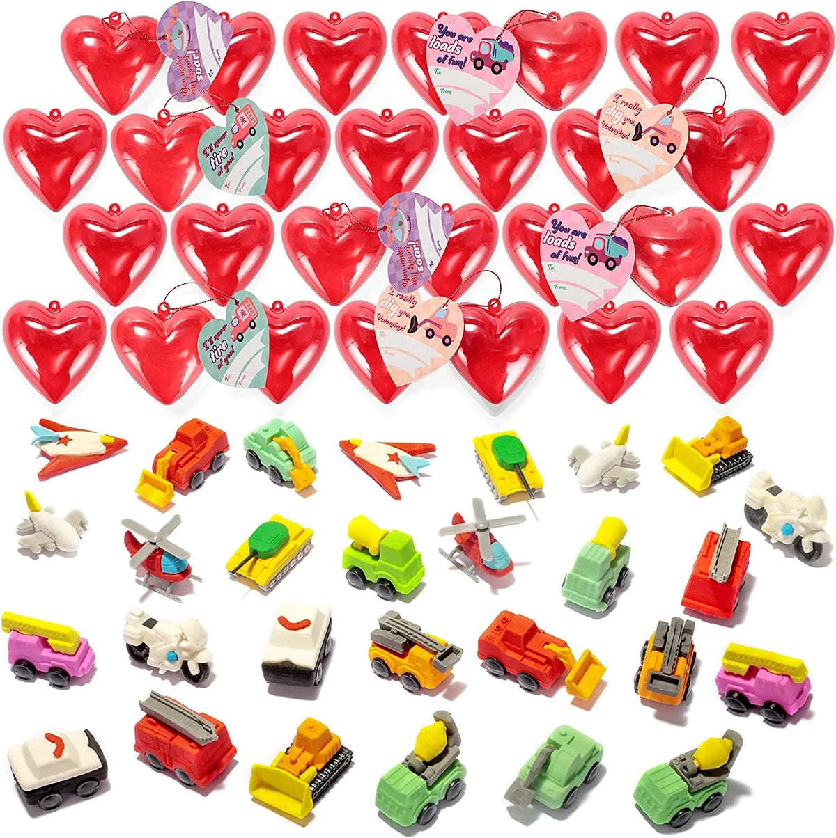 28-Piece Vehicle Eraser Set with Valentine's Day Cards for Kids Classroom Exchange Gifts