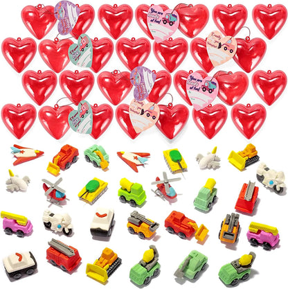 28-Piece Vehicle Eraser Set with Valentine's Day Cards for Kids Classroom Exchange Gifts