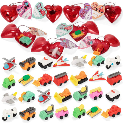 28-Piece Vehicle Eraser Set with Valentine's Day Cards for Kids Classroom Exchange Gifts