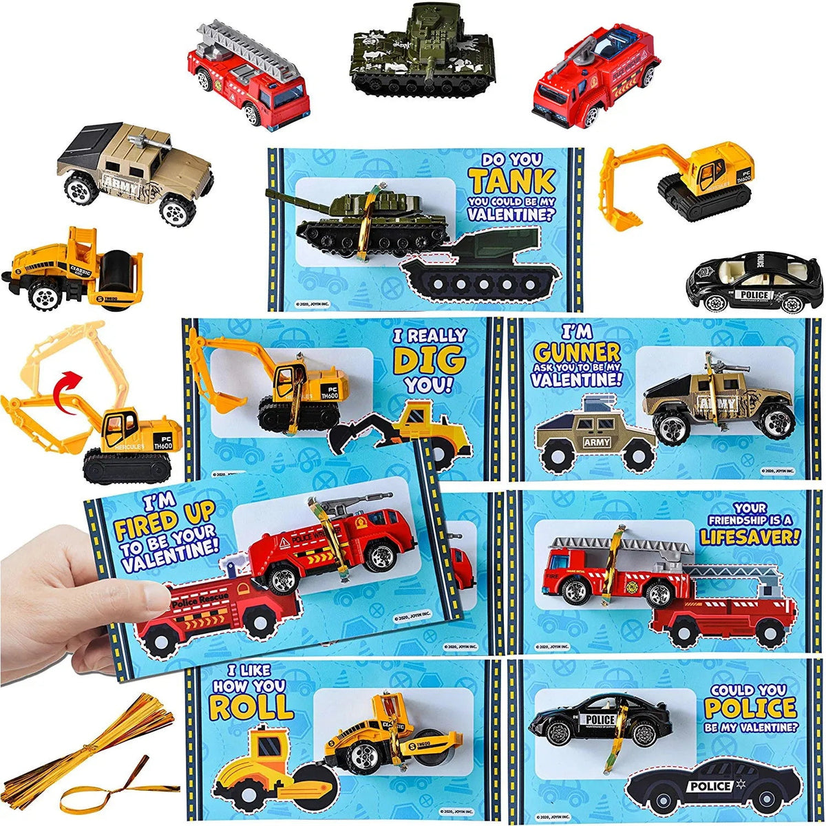 28-Pack Valentine's Day Cards with Die-Cast City Vehicles for Kids - Classroom Exchange Gifts