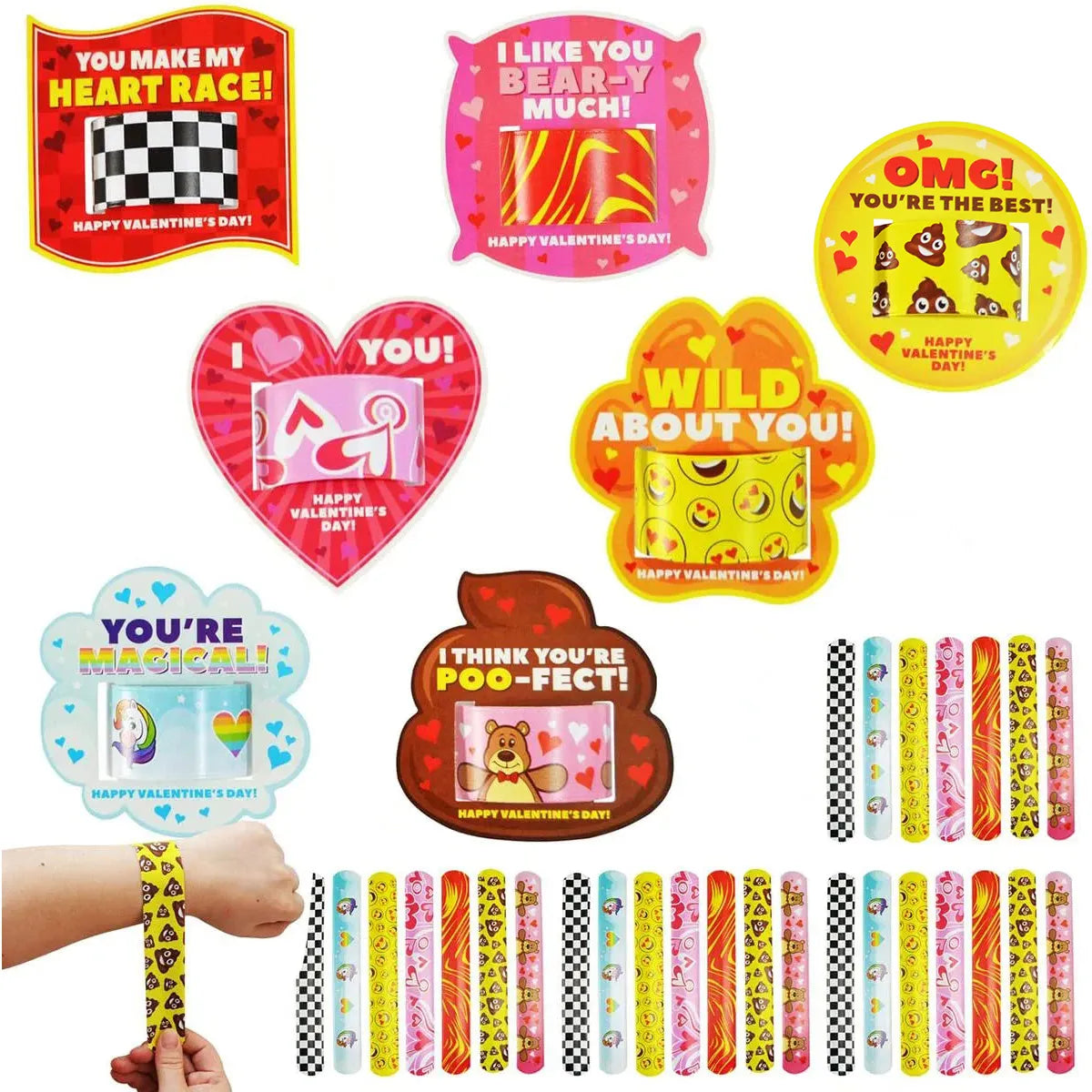 28-Pack Valentine's Day Slap Bracelets with Cards for Kids Classroom Exchange Gifts