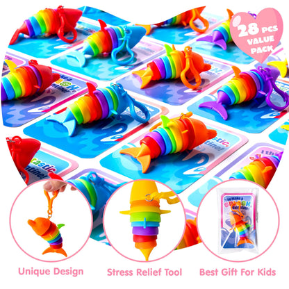 28PCS Valentine's Day Ocean Fidget Toys - Dolphin Shark with Valentine Cards for Kids