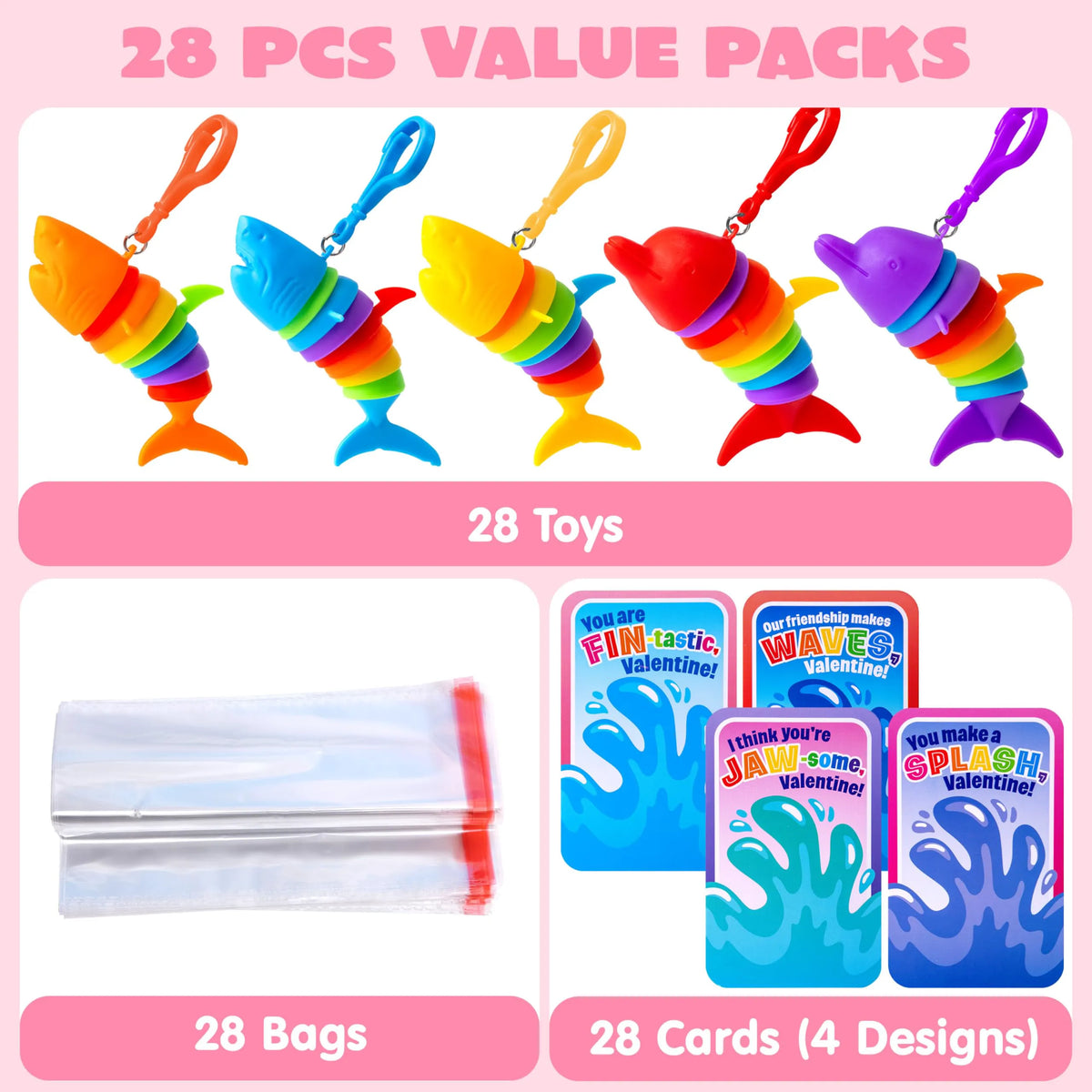 28PCS Valentine's Day Ocean Fidget Toys - Dolphin Shark with Valentine Cards for Kids