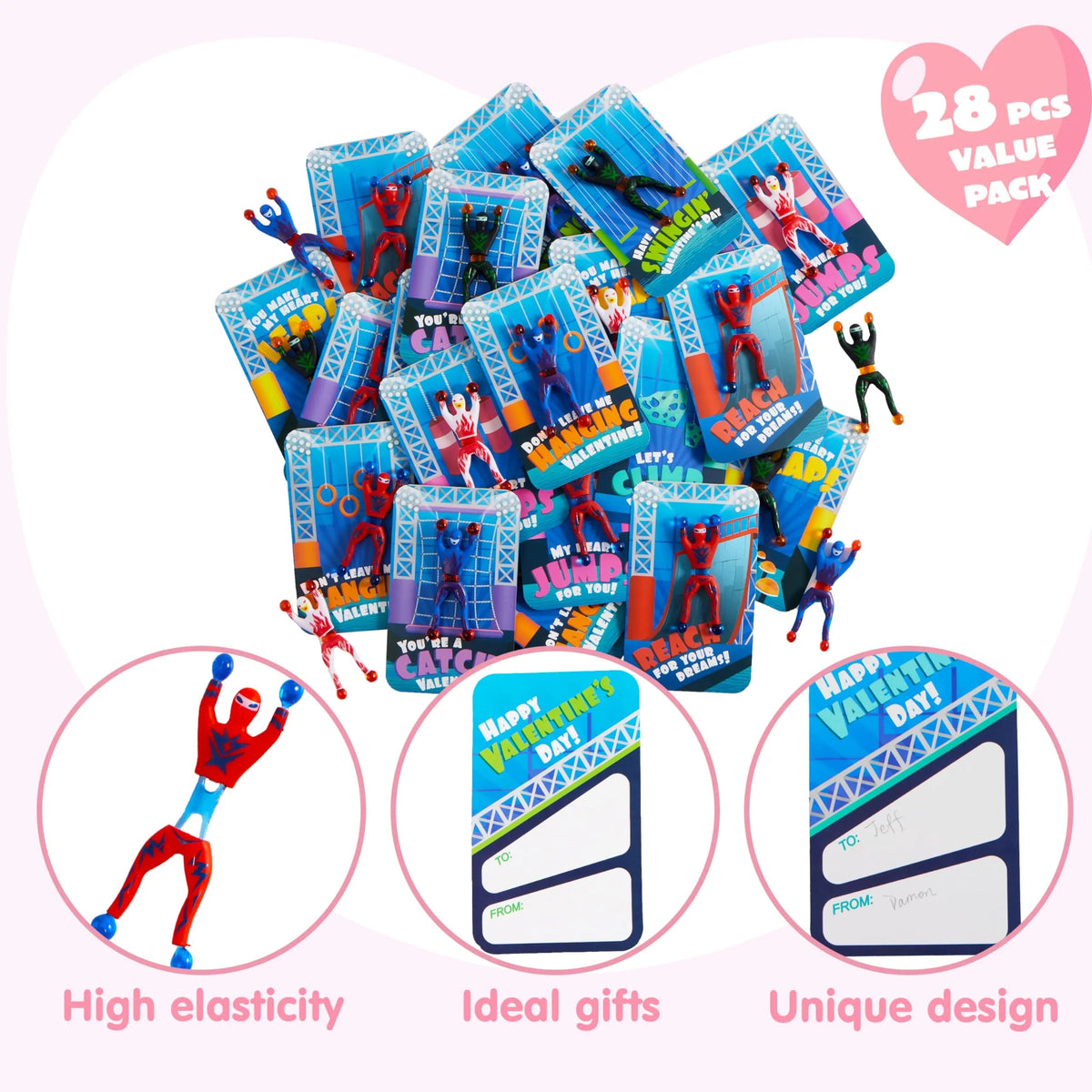 28 Pack Valentine's Day Ninja Sticky Men with Cards, Classroom Exchange Gifts for Kids