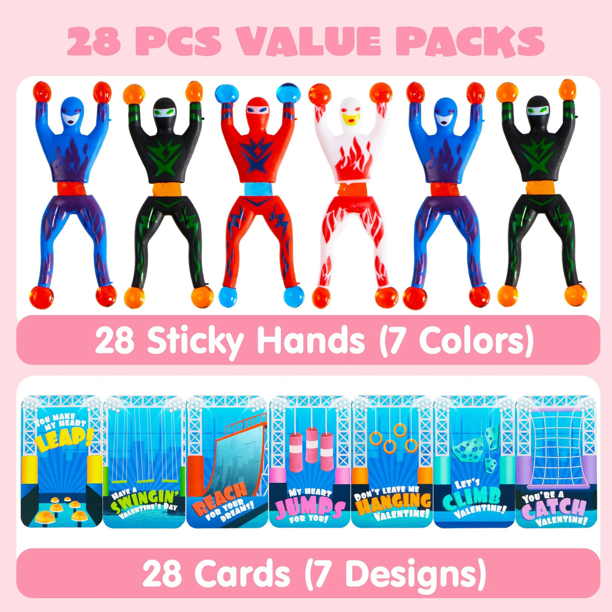 28 Pack Valentine's Day Ninja Sticky Men with Cards, Classroom Exchange Gifts for Kids