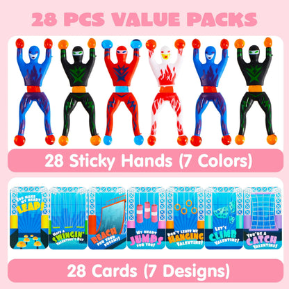 28 Pack Valentine's Day Ninja Sticky Men with Cards, Classroom Exchange Gifts for Kids