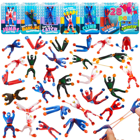 28 Pack Valentine's Day Ninja Sticky Men with Cards, Classroom Exchange Gifts for Kids
