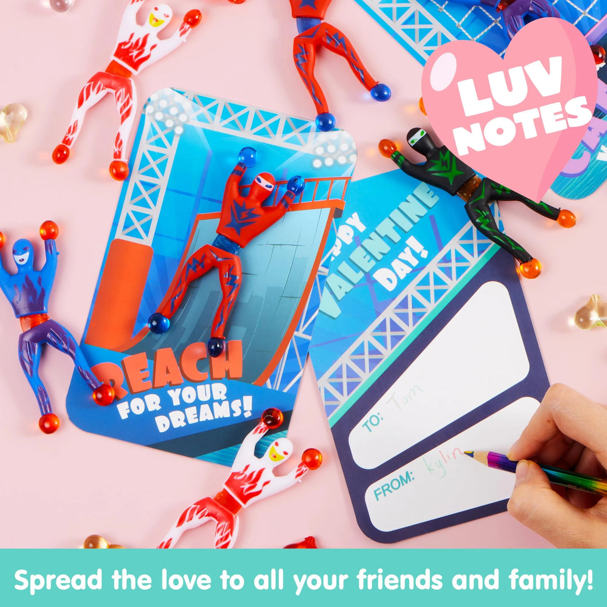 28 Pack Valentine's Day Ninja Sticky Men with Cards, Classroom Exchange Gifts for Kids