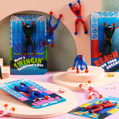28 Pack Valentine's Day Ninja Sticky Men with Cards, Classroom Exchange Gifts for Kids