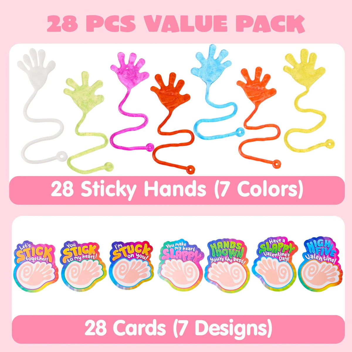 28 Pack Valentine's Day Sticky Hands with Cards, Classroom Exchange Gift for Kids