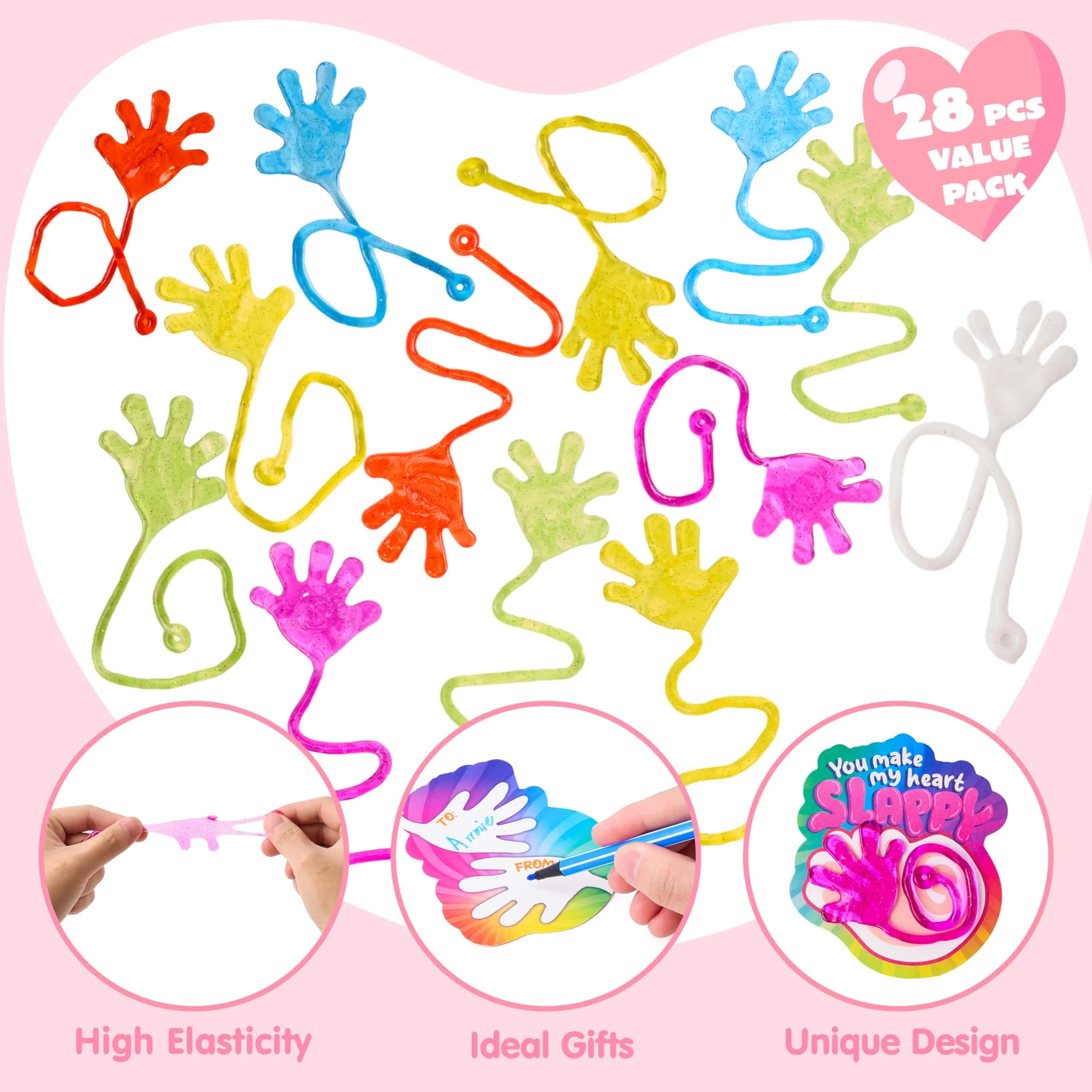 28 Pack Valentine's Day Sticky Hands with Cards, Classroom Exchange Gift for Kids