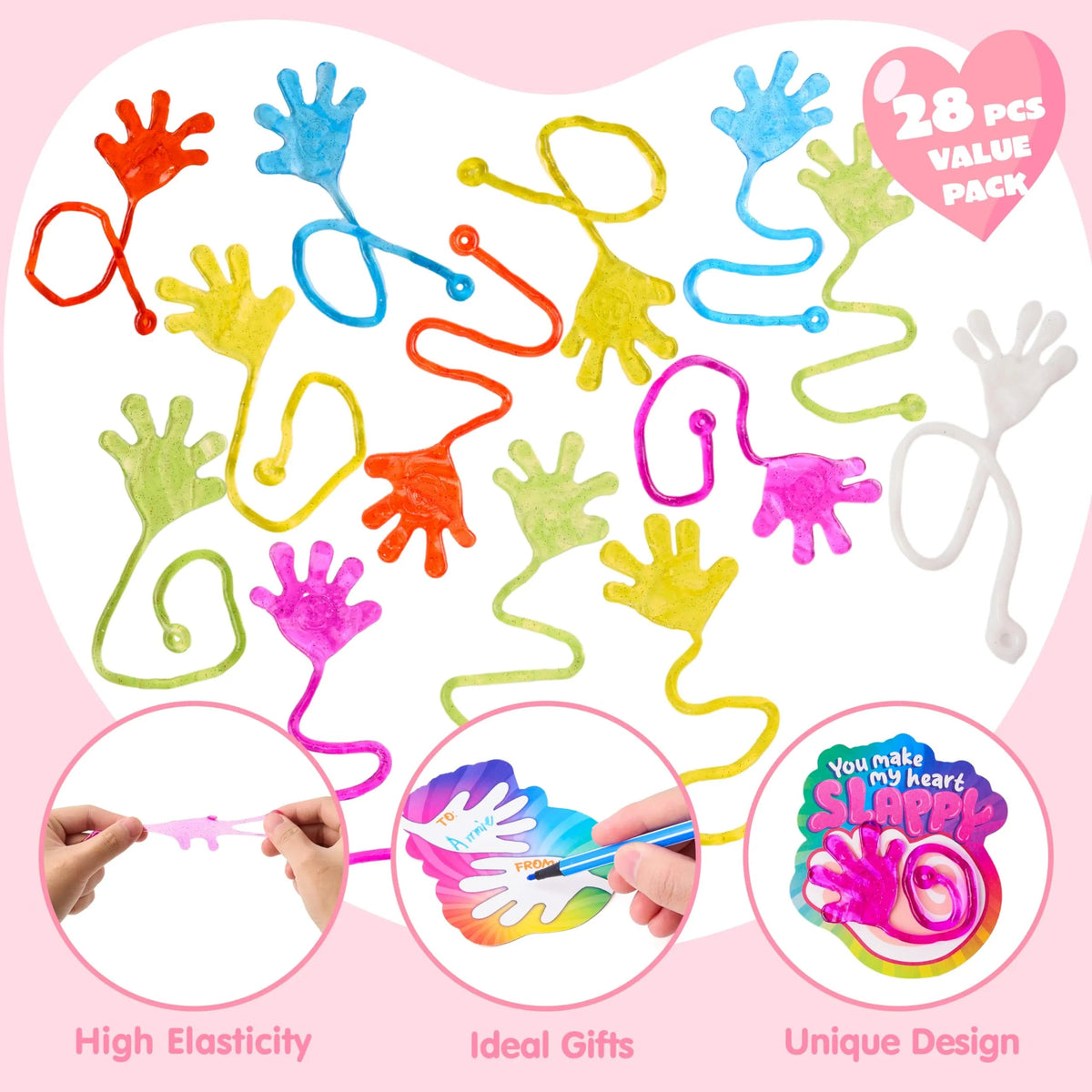 28 Pack Valentine's Day Sticky Hands with Cards, Classroom Exchange Gift for Kids