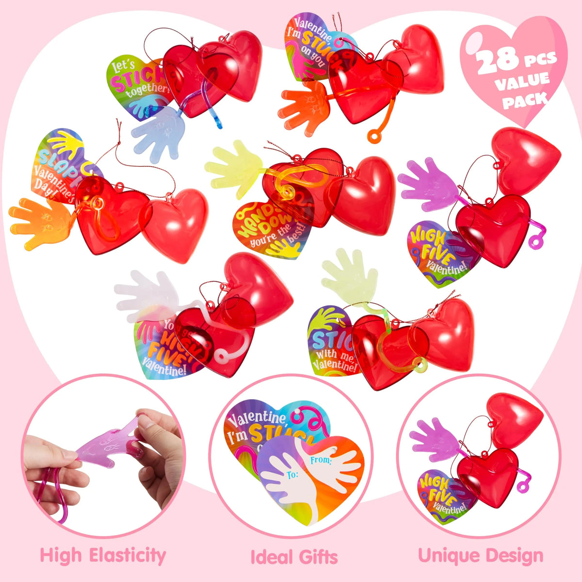 28 Pack Valentine's Day Sticky Hands with Cards, Classroom Exchange Gift for Kids