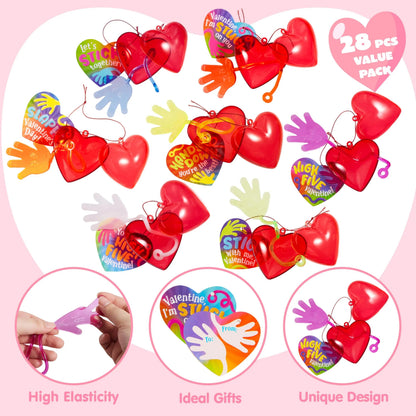 28 Pack Valentine's Day Sticky Hands with Cards, Classroom Exchange Gift for Kids
