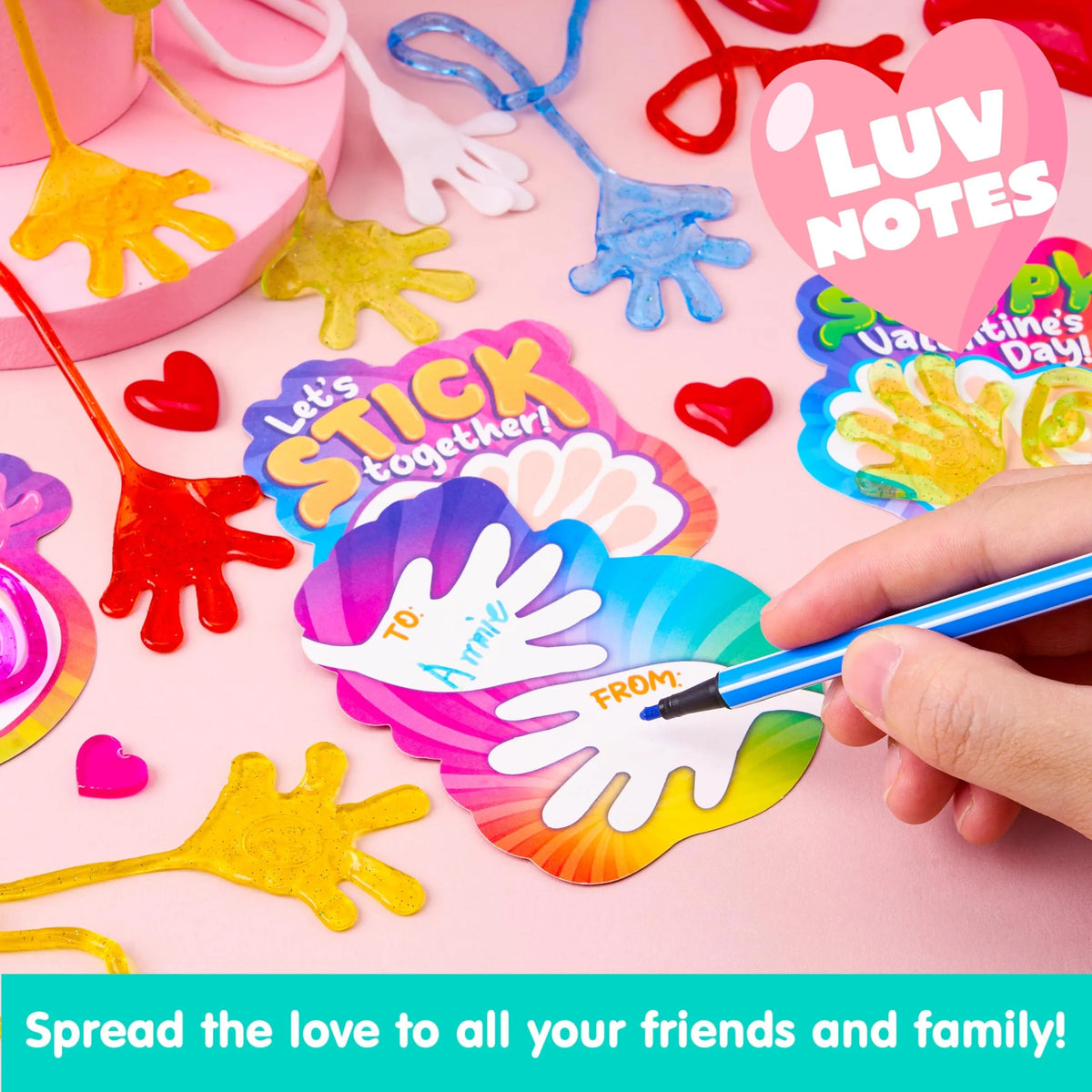 28 Pack Valentine's Day Sticky Hands with Cards, Classroom Exchange Gift for Kids