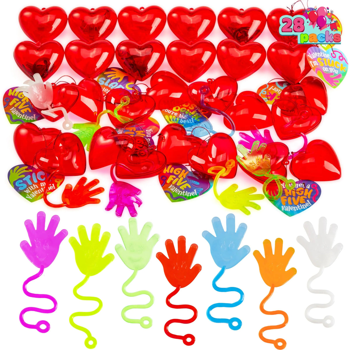 28 Pack Valentine's Day Sticky Hands with Cards, Classroom Exchange Gift for Kids