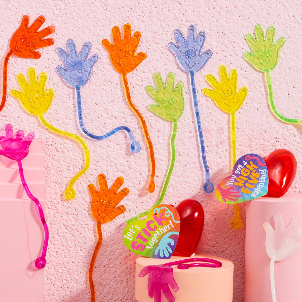 28 Pack Valentine's Day Sticky Hands with Cards, Classroom Exchange Gift for Kids