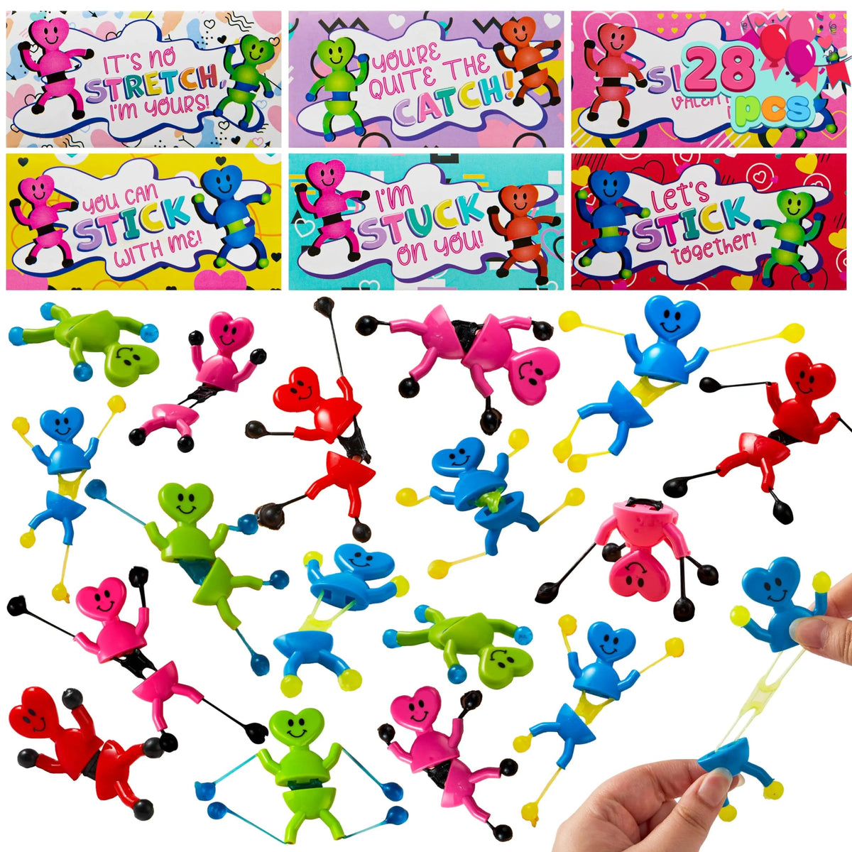 28 Pack Valentine's Day Sticky Man Toys with Cards, Classroom Exchange Gift for Kids